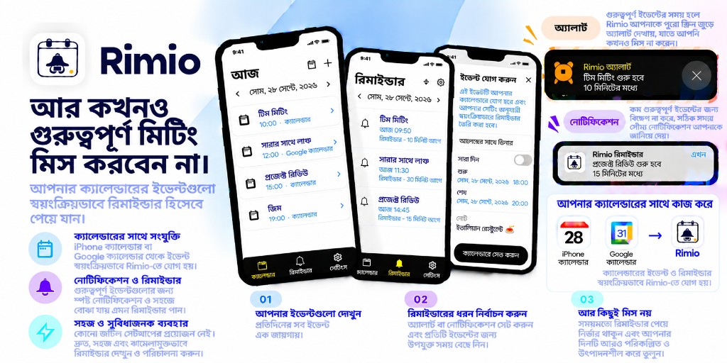 Rimio-এর সংক্ষিপ্ত বিবরণ: ডিভাইস ক্যালেন্ডার ইন্টিগ্রেশন, অ্যালার্ম ও নোটিফিকেশন, এবং Google Calendar সমর্থন