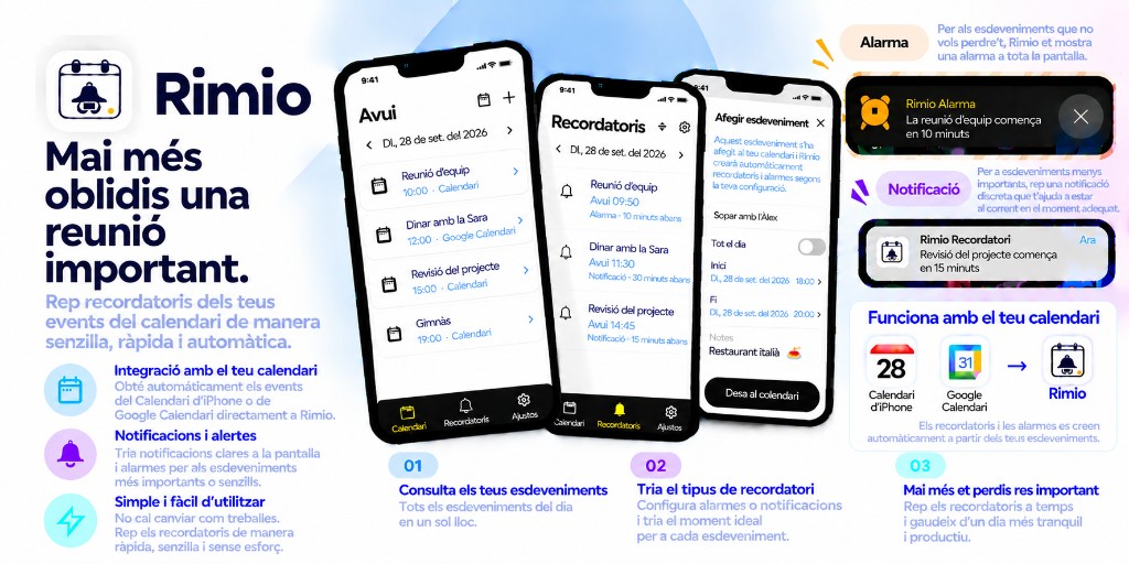 Resum de Rimio: integració amb el calendari del dispositiu, alarmes i notificacions, i compatibilitat amb Google Calendar