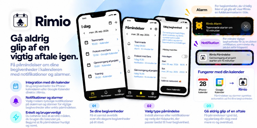 Overblik over Rimio: integration med enhedens kalender, alarmer og notifikationer samt understøttelse af Google Kalender