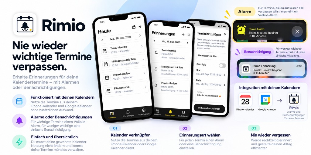 Rimio-Überblick: Gerätekalender-Integration, Alarme und Benachrichtigungen sowie Google-Kalender-Unterstützung