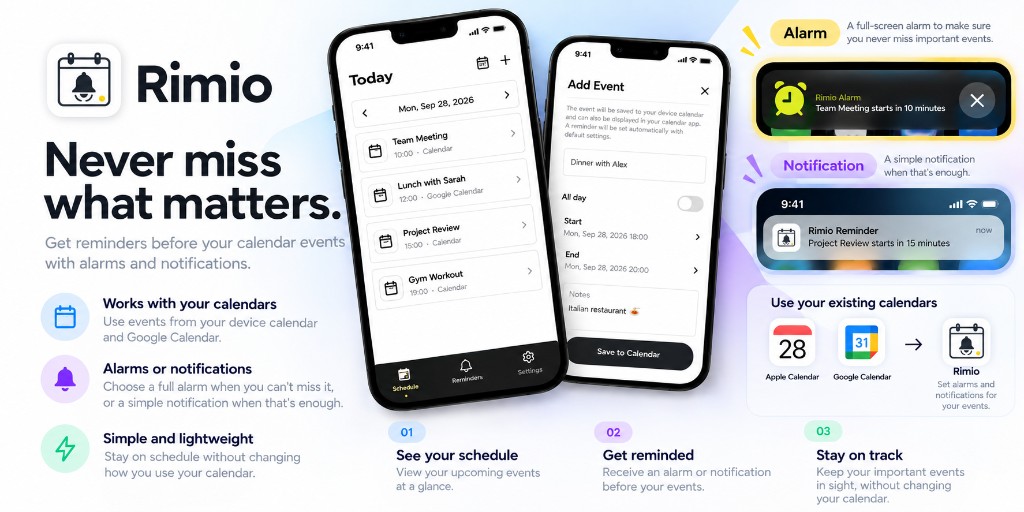 Rimio overview: device calendar events, alarms and notifications, and Google Calendar support.