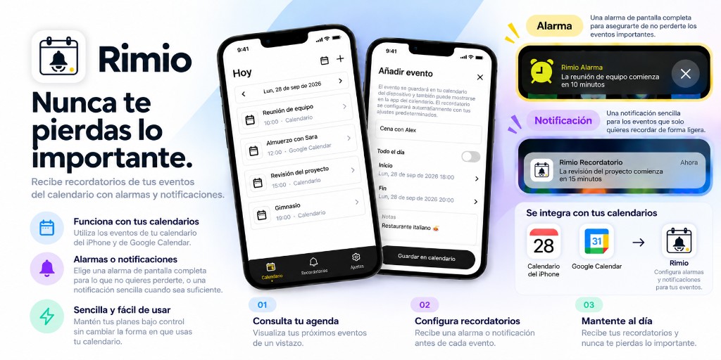 Resumen de Rimio: integración con el calendario del dispositivo, alarmas y notificaciones, y soporte de Google Calendar