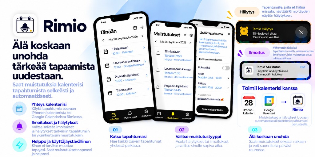 Rimio-yhteenveto: laitteen kalenterin integrointi, hälytykset ja ilmoitukset sekä Google-kalenterin tuki