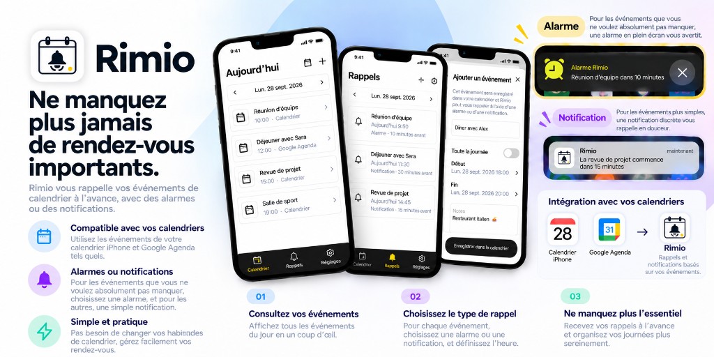 Aperçu de Rimio : intégration du calendrier de l’appareil, alarmes et notifications, et prise en charge de Google Agenda