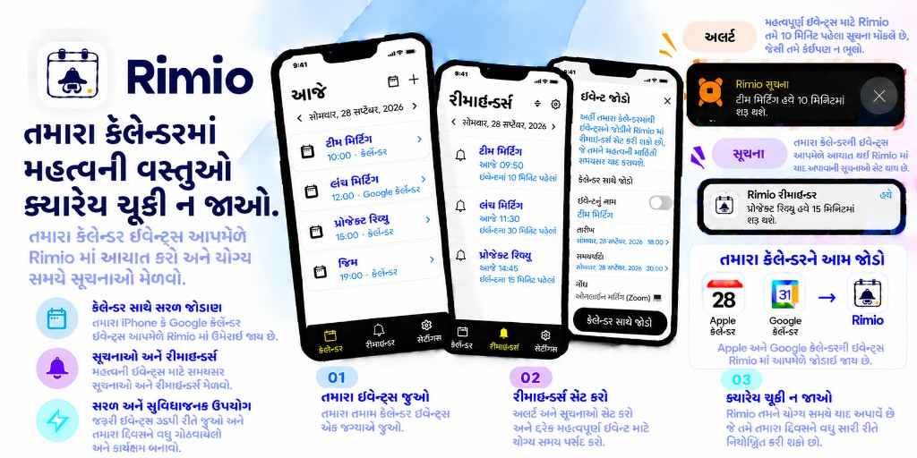 Rimio વિહંગાવલોકન: ડિવાઇસ કેલેન્ડર એકીકરણ, અલાર્મ અને નોટિફિકેશન, અને Google Calendar સપોર્ટ