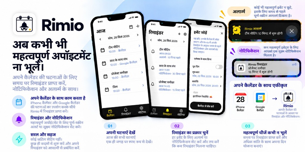 Rimio का अवलोकन: डिवाइस कैलेंडर एकीकरण, अलार्म और सूचनाएँ, तथा Google Calendar समर्थन