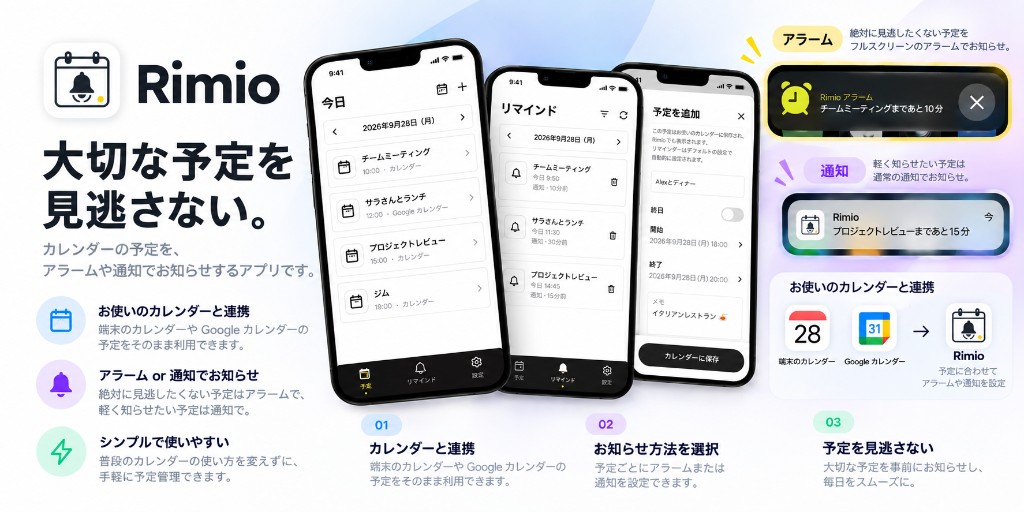 Rimioの紹介：端末カレンダー連携、アラームと通知、Googleカレンダー対応の概要