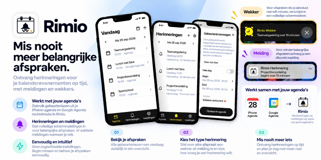 Overzicht van Rimio: integratie met de agenda van je apparaat, wekkers en meldingen, en ondersteuning voor Google Agenda