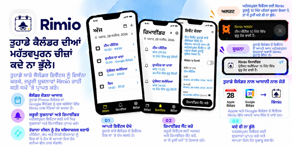 Rimio ਝਲਕ: ਡਿਵਾਈਸ ਕੈਲੰਡਰ ਏਕੀਕਰਨ, ਅਲਾਰਮ ਅਤੇ ਸੂਚਨਾਵਾਂ, ਅਤੇ Google Calendar ਸਹਾਇਤਾ
