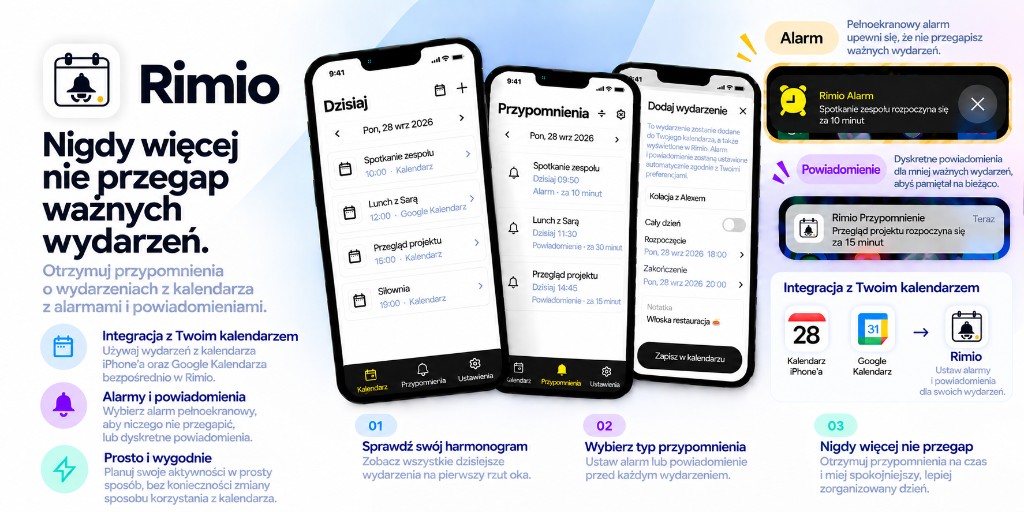 Przegląd Rimio: integracja z kalendarzem urządzenia, alarmy i powiadomienia oraz wsparcie Google Calendar