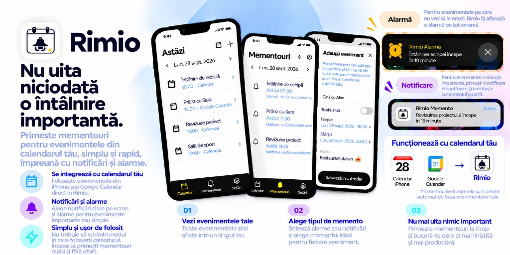 Prezentare Rimio: integrare cu calendarul dispozitivului, alarme și notificări, plus suport Google Calendar