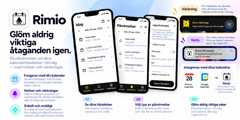 Översikt av Rimio: integration med enhetens kalender, väckningar och notiser samt stöd för Google Kalender