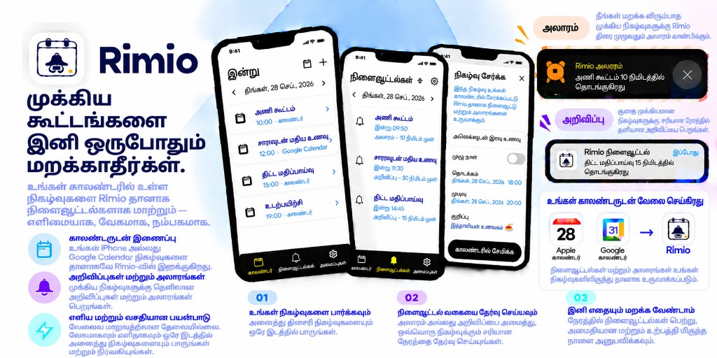 Rimio சுருக்கம்: சாதன காலண்டர் ஒருங்கிணைப்பு, அலாரங்கள் மற்றும் அறிவிப்புகள், Google Calendar ஆதரவு