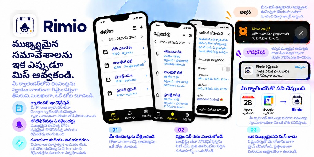 Rimio అవలోకనం: పరికర క్యాలెండర్ ఇంటిగ్రేషన్, అలారాలు మరియు నోటిఫికేషన్‌లు, Google Calendar మద్దతు