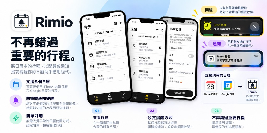 Rimio 介紹：裝置日曆整合、鬧鐘與通知、Google 日曆支援概覽